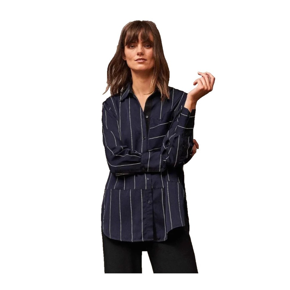 La Ligne Sadie Paneled Striped Crepe De Chine‎ Shirt Womens M Navy Pinstripe USA